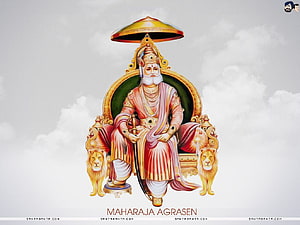 Maharaja Agrasen Seated on Ornate Throne with Lions and Golden Chariot HD wallpaper