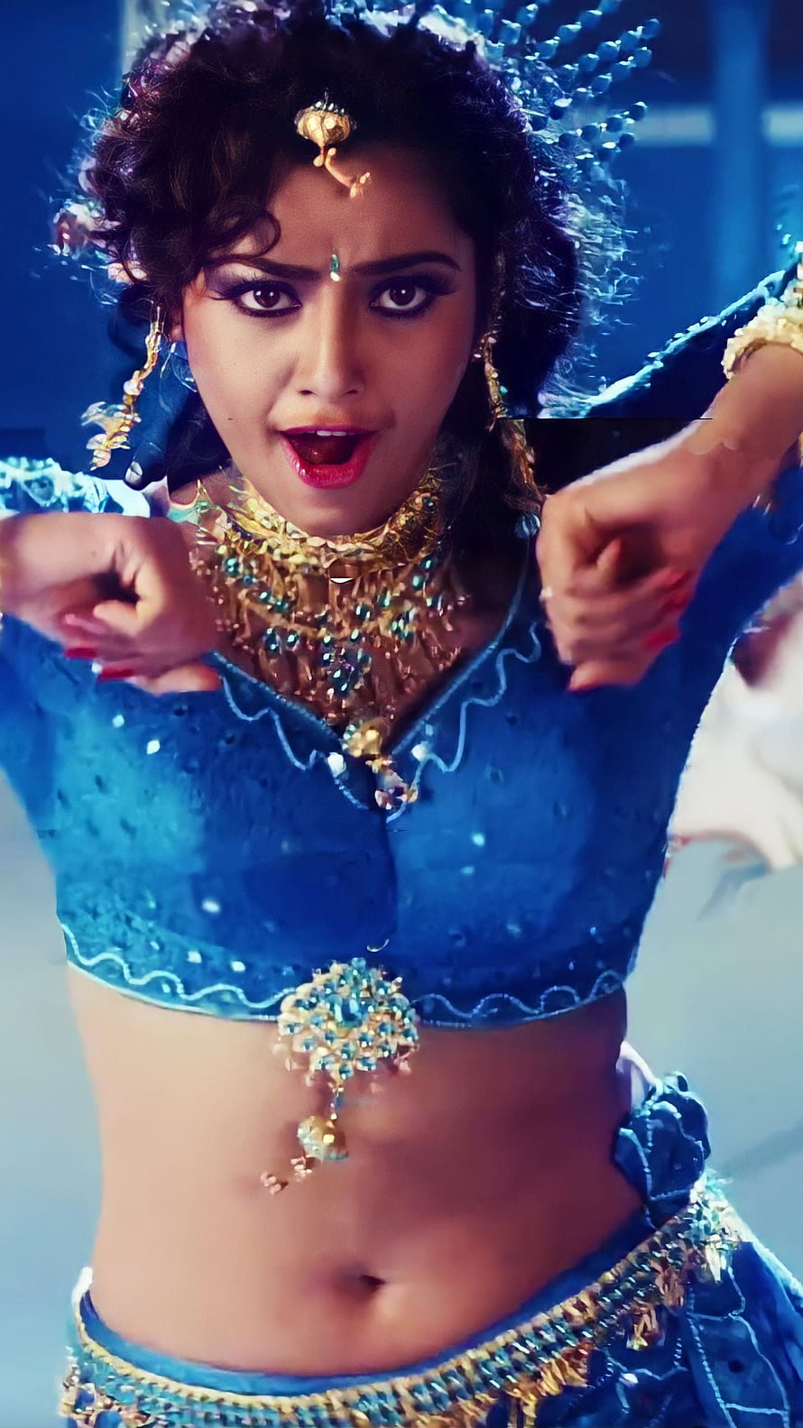 Rashmika Mandanna in Blue Traditional Outfit with Gold Jewelry, Meena durai Swamy, tamil actress, navel HD phone wallpaper