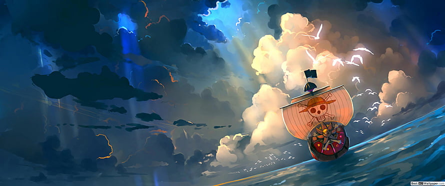 One Piece Thousand Sunny sailing through dramatic storm clouds with lightning and seagulls HD wallpaper