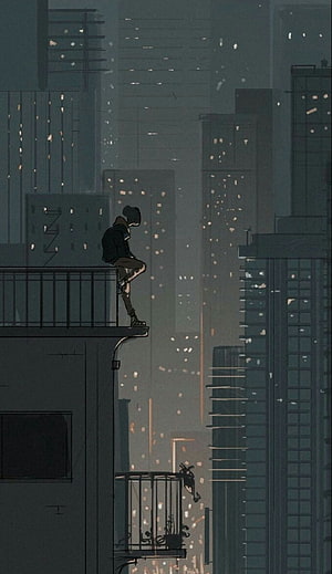 Lone Figure Sitting on Balcony Overlooking Foggy Cityscape at Night HD phone wallpaper
