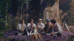 TXT Campfire Scene in a Forest with Telescope and Purple Flowers HD wallpaper