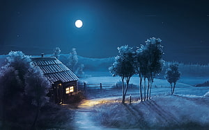 Cozy Cabin in Snowy Night Landscape with Full Moon and Warm Window Light HD wallpaper