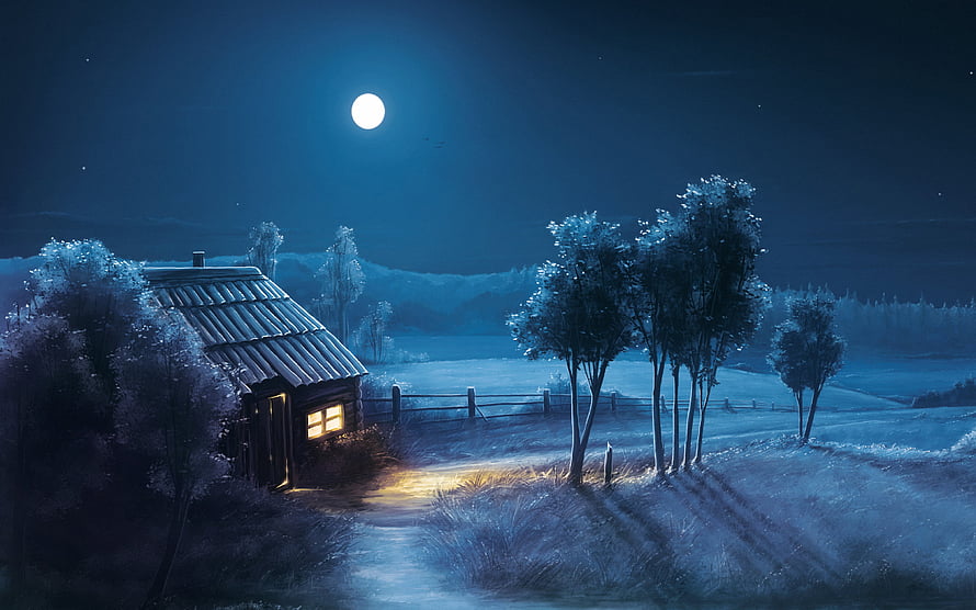 Cozy Cabin in Snowy Night Landscape with Full Moon and Warm Window Light HD wallpaper