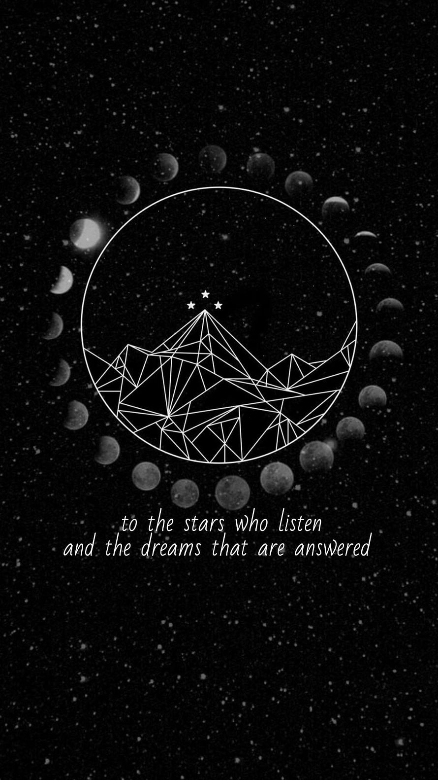 ACOTAR Geometric Mountain Line Art with Moon Phases and Starry Night Sky HD phone wallpaper