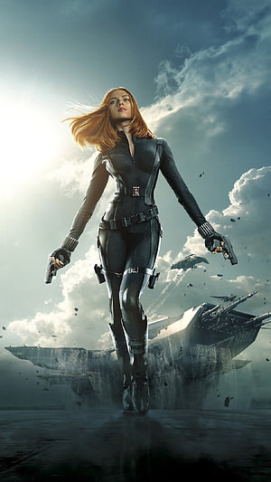 Black Widow Natasha Romanoff in tactical suit holding dual pistols with Quinjet in background, Scarlett Johansson. Black widow marvel, Black widow avengers, Black widow HD phone wallpaper