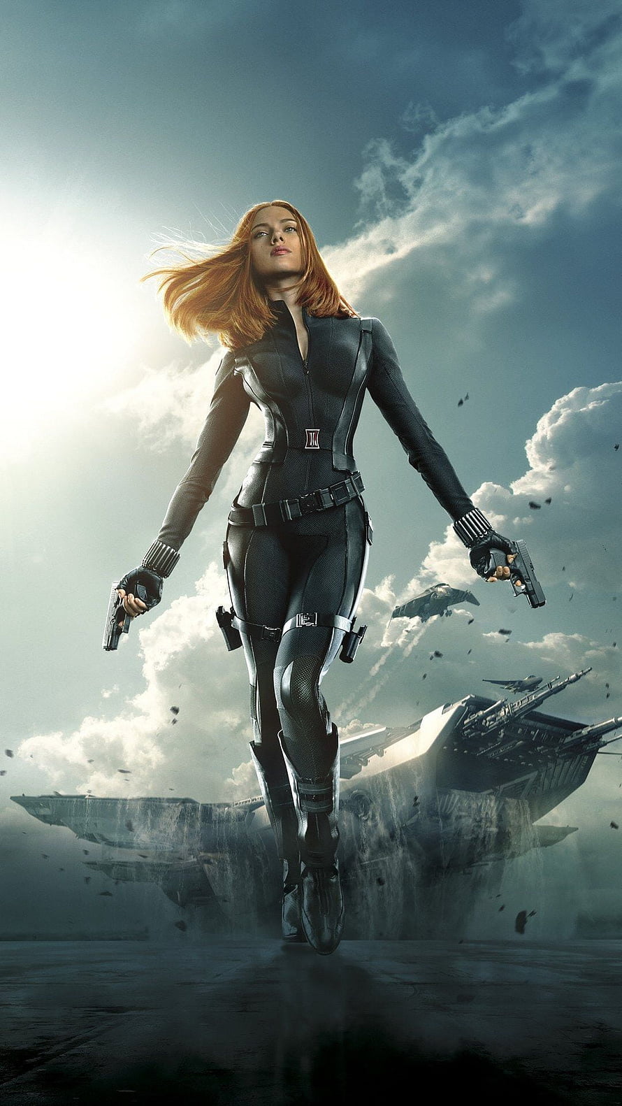 Black Widow Natasha Romanoff in tactical suit holding dual pistols with Quinjet in background, Scarlett Johansson. Black widow marvel, Black widow avengers, Black widow HD phone wallpaper