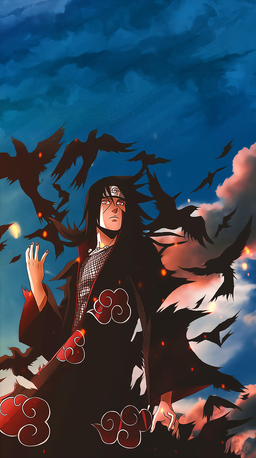 Itachi Uchiha in Akatsuki Robe Surrounded by Crows and Embers Under a Dramatic Sky HD phone wallpaper