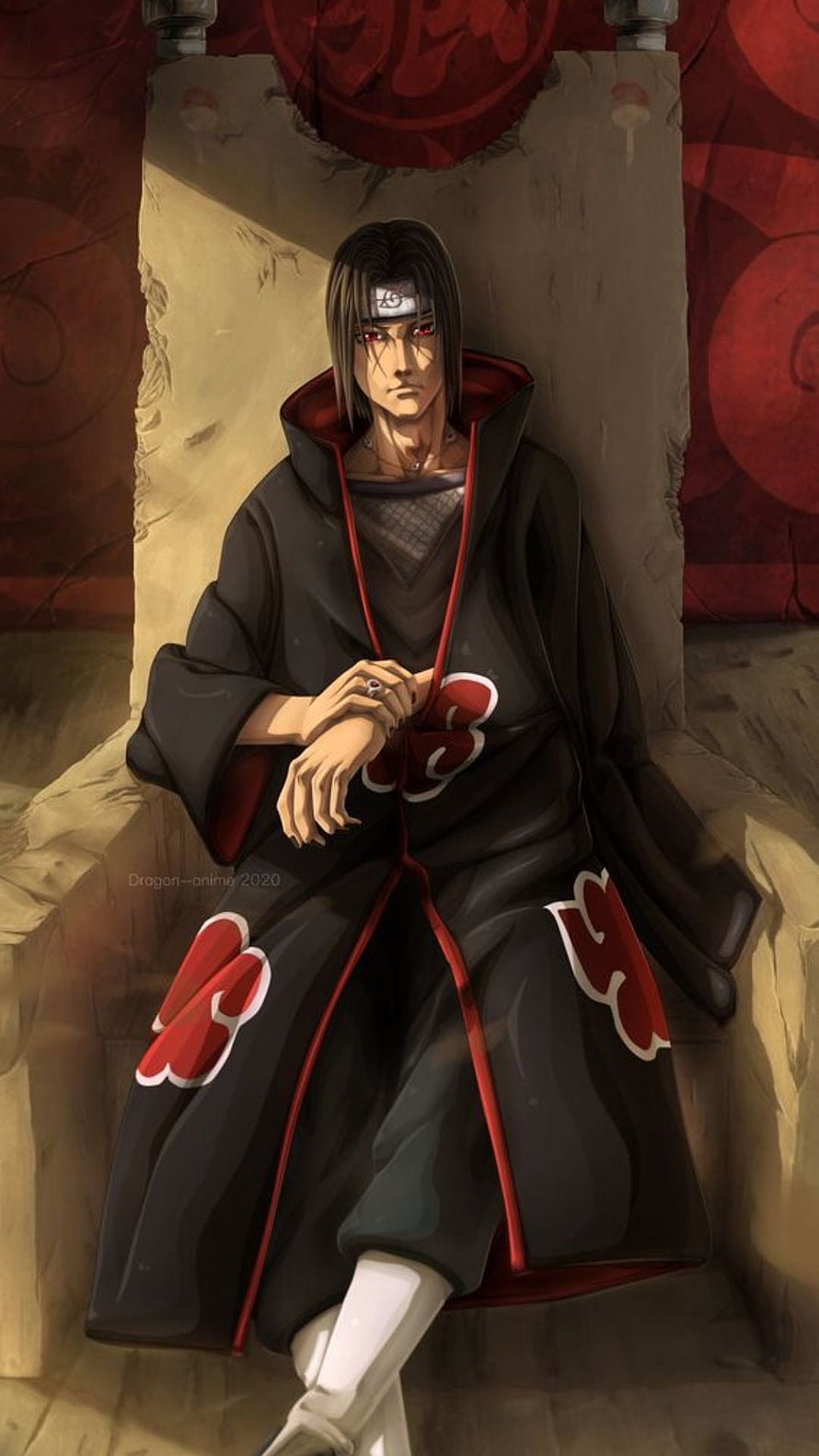 Itachi Uchiha in Akatsuki Cloak with Mangekyou Sharingan Eyes Sitting in Stone Chamber HD phone wallpaper