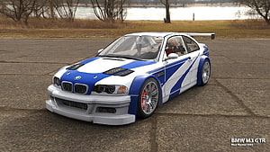 BMW M3 GTR from Need for Speed Most Wanted 2005 in Blue and White Livery HD wallpaper