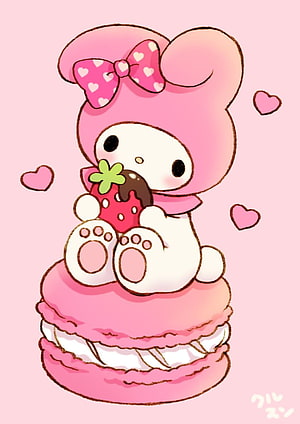 Cute My Melody Sitting on Pink Macaron with Chocolate Strawberry HD phone wallpaper