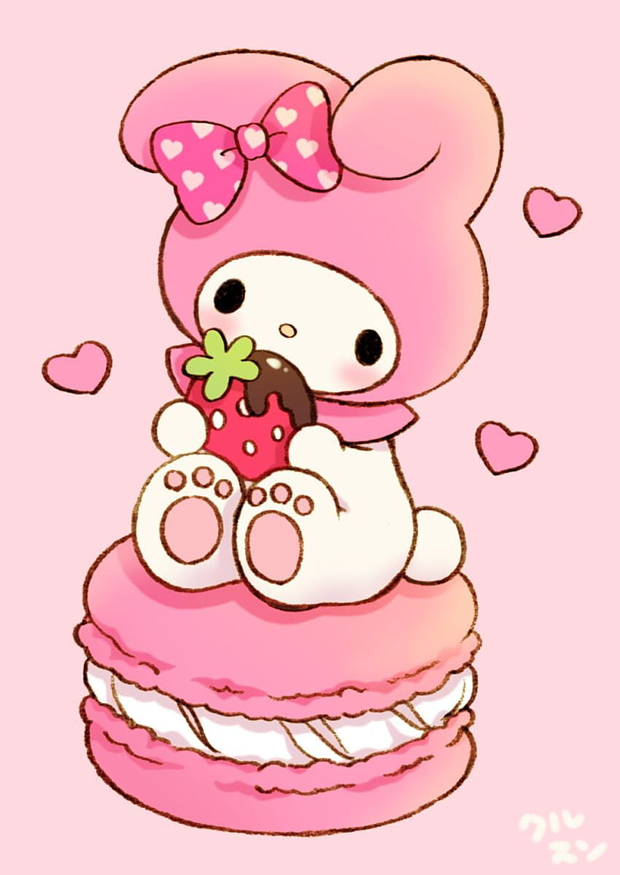 Cute My Melody Sitting on Pink Macaron with Chocolate Strawberry HD phone wallpaper