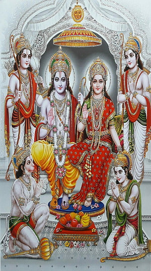 Lord Rama and Sita Seated on Divine Throne with Hanuman and Devotees in Traditional Indian Art, बोल'' उठती'' है'' तस्वीर' भी'' 'मन'' से' बुला' कर देखिये'' 'दिल' की'' बात'' 'जरा'' 'प्रभु'' ''को'' सुना कर'' द in 2020. Lord rama , Ram sita , Shri ram HD phone wallpaper