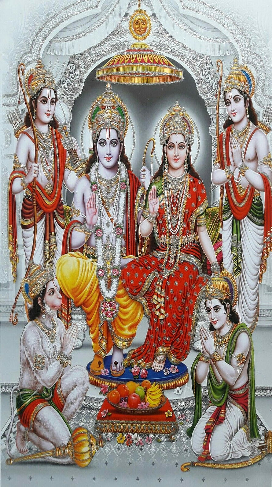 Lord Rama and Sita Seated on Divine Throne with Hanuman and Devotees in Traditional Indian Art, बोल'' उठती'' है'' तस्वीर' भी'' 'मन'' से' बुला' कर देखिये'' 'दिल' की'' बात'' 'जरा'' 'प्रभु'' ''को'' सुना कर'' द in 2020. Lord rama , Ram sita , Shri ram HD phone wallpaper