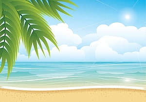 Tropical Beach Scene with Palm Fronds and Calm Ocean Waves HD wallpaper
