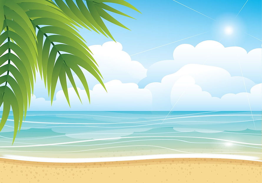Tropical Beach Scene with Palm Fronds and Calm Ocean Waves HD wallpaper