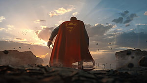 Superman Standing in Shallow Water at Sunset with Floating Rocks and Dramatic Sky, Superman - Top Best Superman [ ], Superman PC HD wallpaper