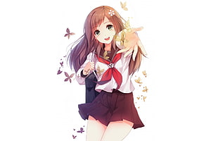 Anime Girl in School Uniform Reaching for Golden Butterflies HD wallpaper