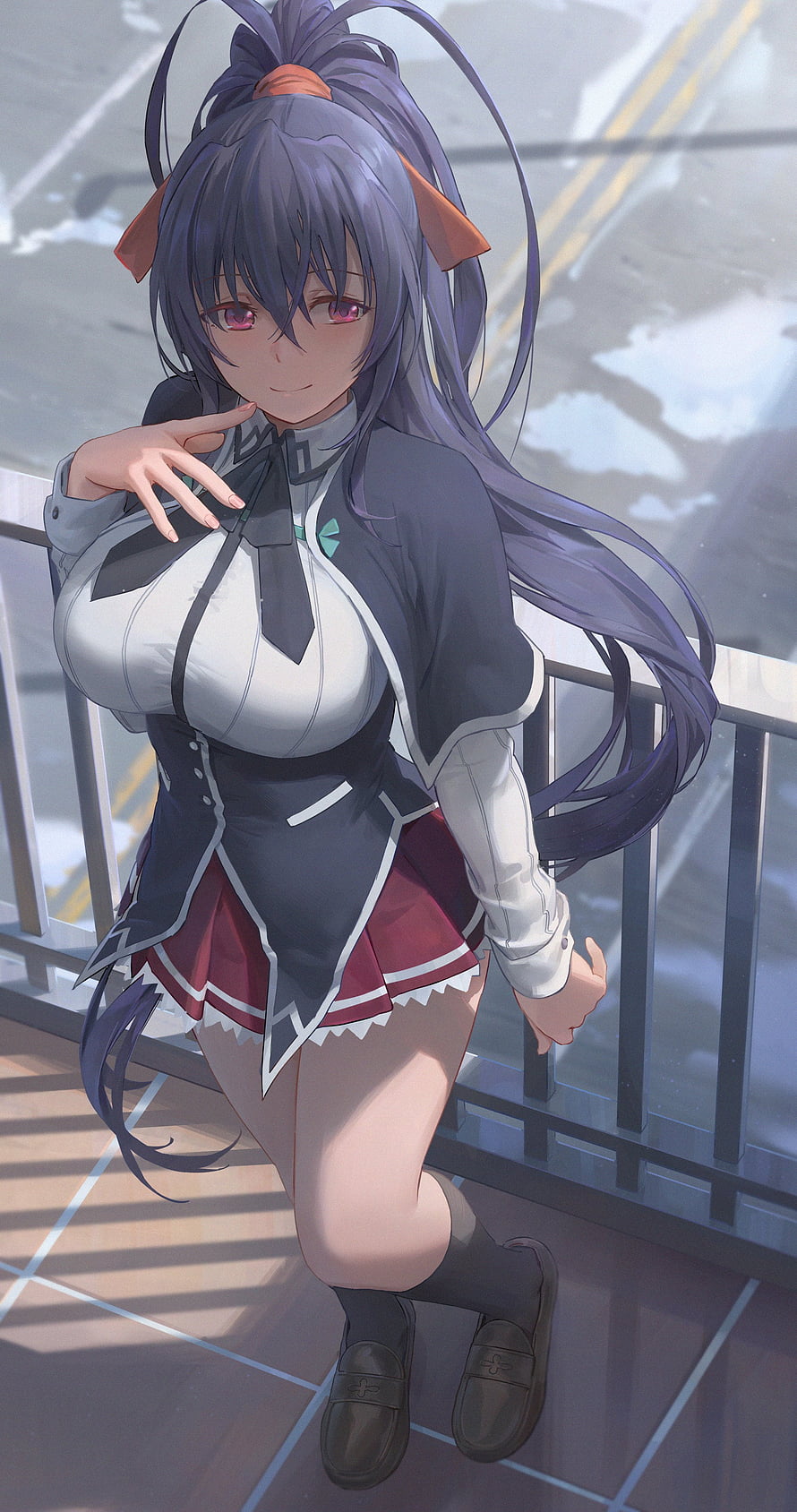 Himejima Akeno from Highschool DxD in a school uniform on a rooftop HD phone wallpaper