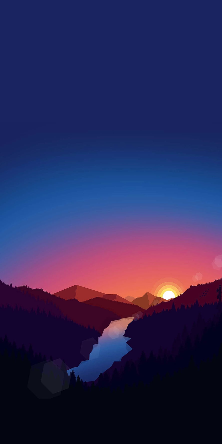 Minimalist Mountain Valley at Sunset with Winding River and Pine Forest Silhouette HD phone wallpaper