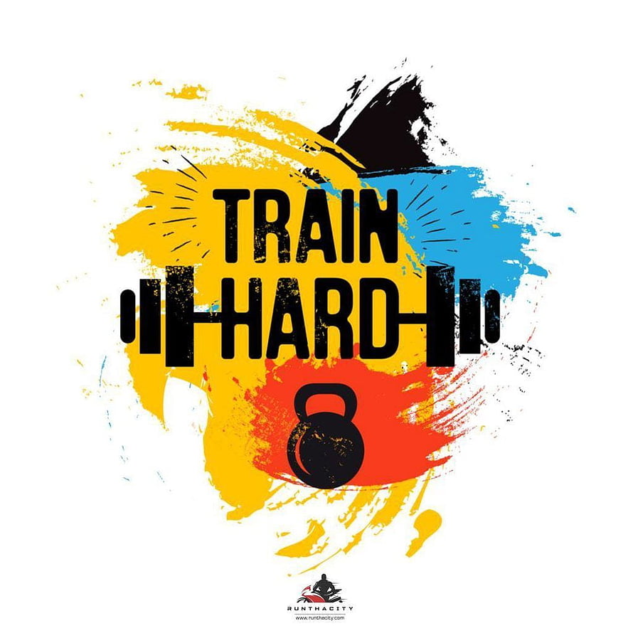 Train Hard Motivational Gym Quote With Kettlebell And Barbell Graphic Design HD phone wallpaper