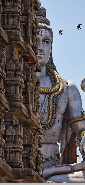 Murudeshwar Shiva Statue with Temple Architecture and Birds in Flight HD phone wallpaper