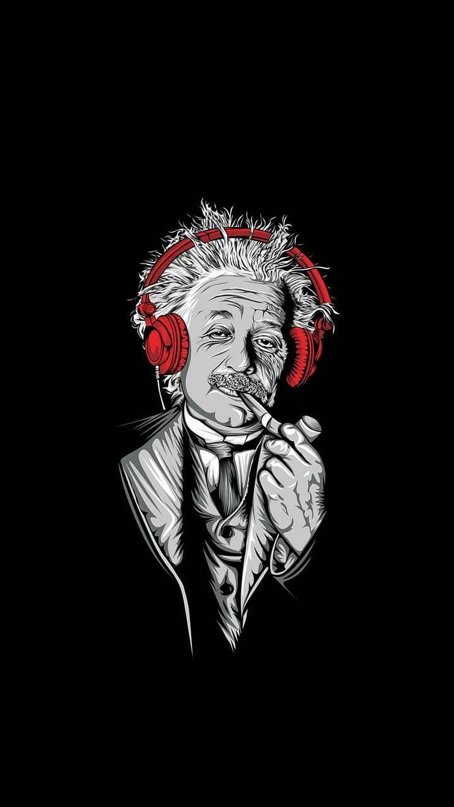 Albert Einstein Wearing Red Headphones and Smoking a Pipe in Stylized Vector Art HD phone wallpaper