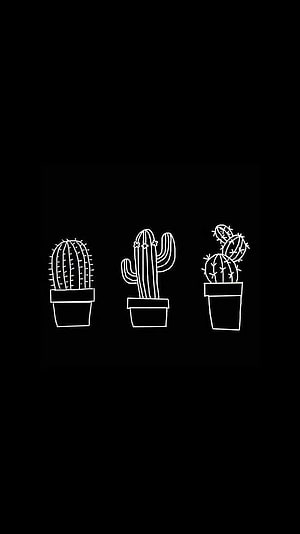 Minimalist White Line Art Cactus Trio on Black Background HD phone wallpaper