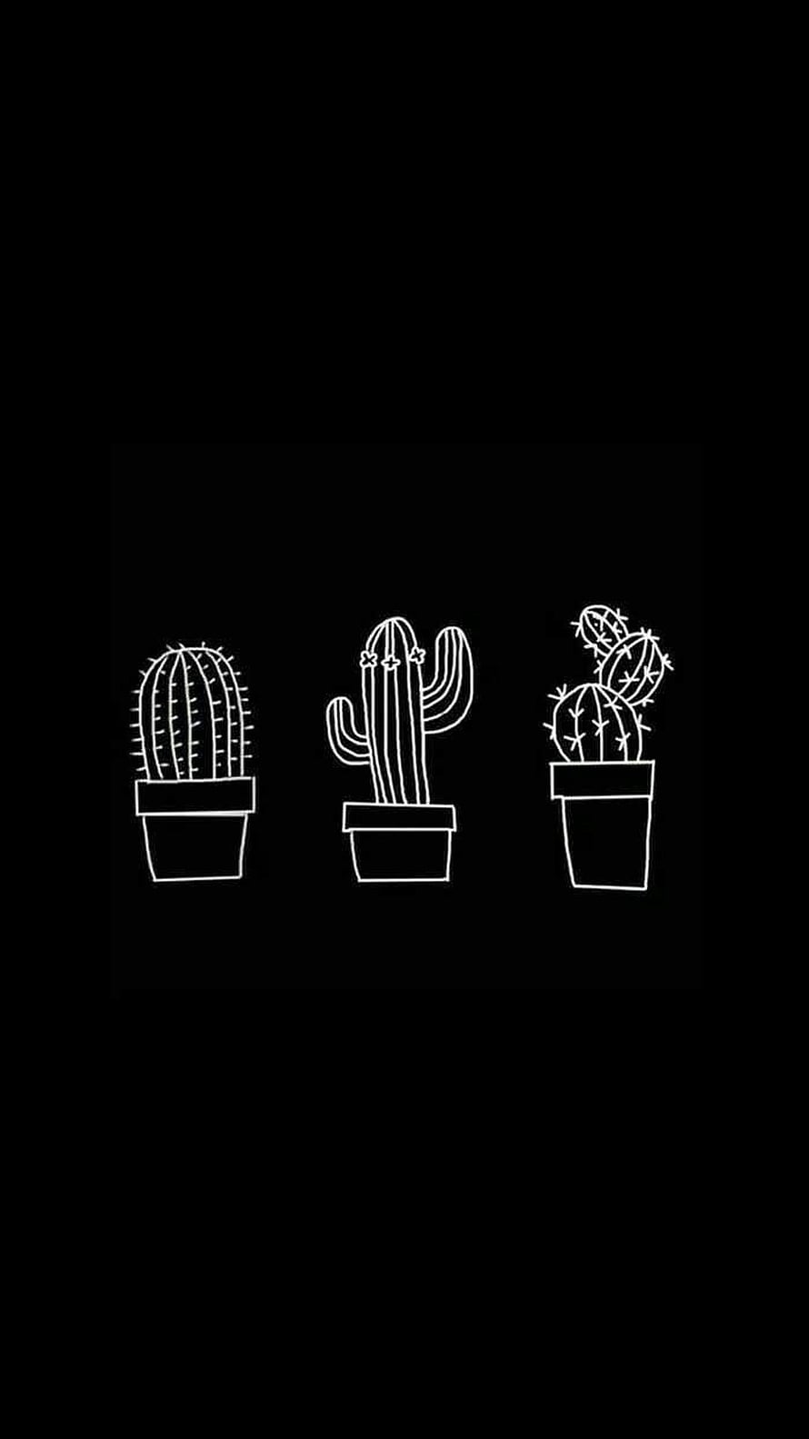 Minimalist White Line Art Cactus Trio on Black Background HD phone wallpaper