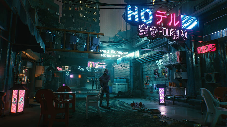 Neon-lit cyberpunk alleyway at night with glowing signs, plastic chairs, and a lone figure in a futuristic urban setting HD wallpaper