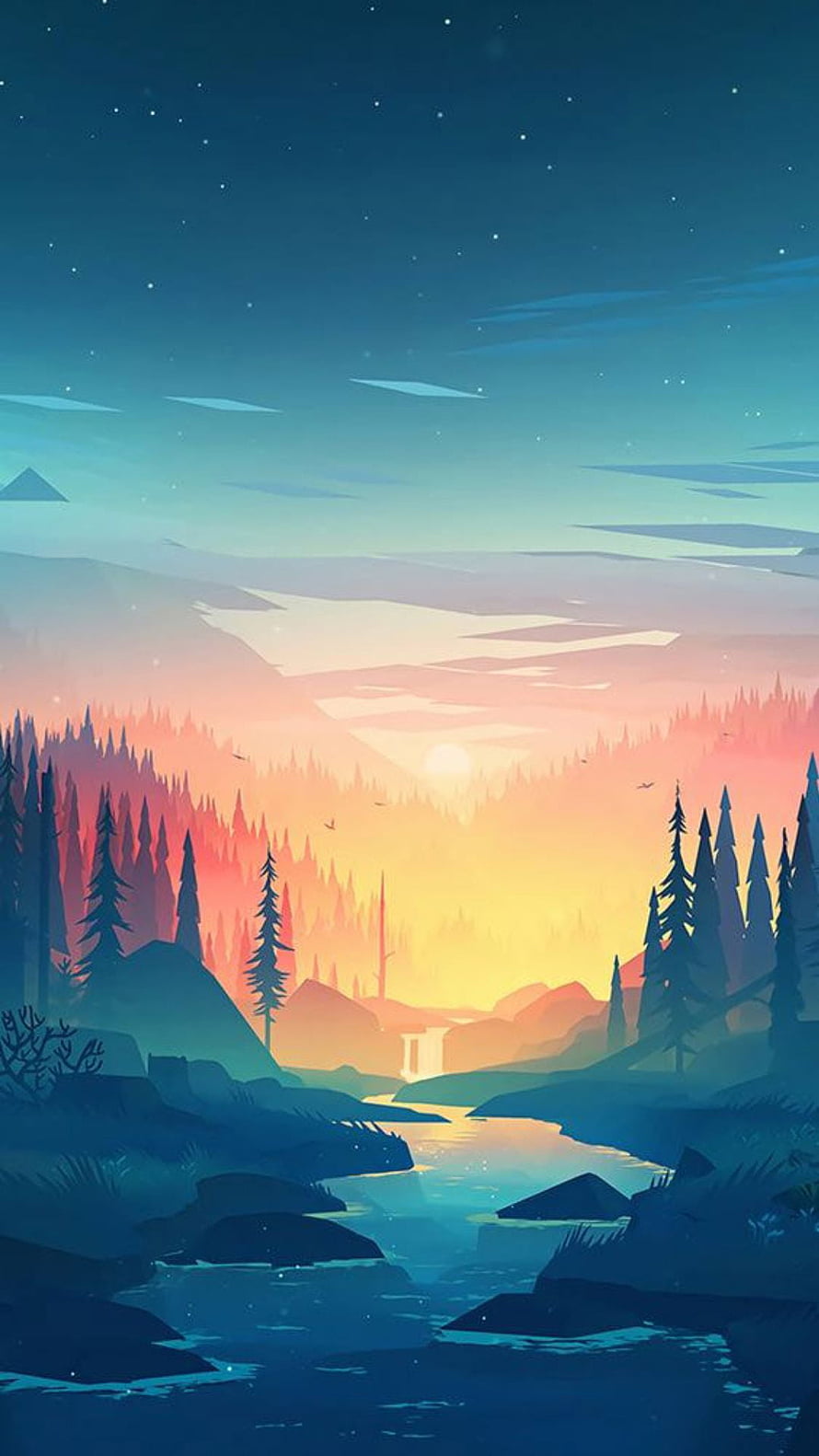 Serene Vector Landscape With River, Pine Forest, and Sunset Sky HD phone wallpaper