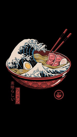 Ukiyo-e Style Ramen Bowl with Great Wave and Chopsticks on Black Background HD phone wallpaper