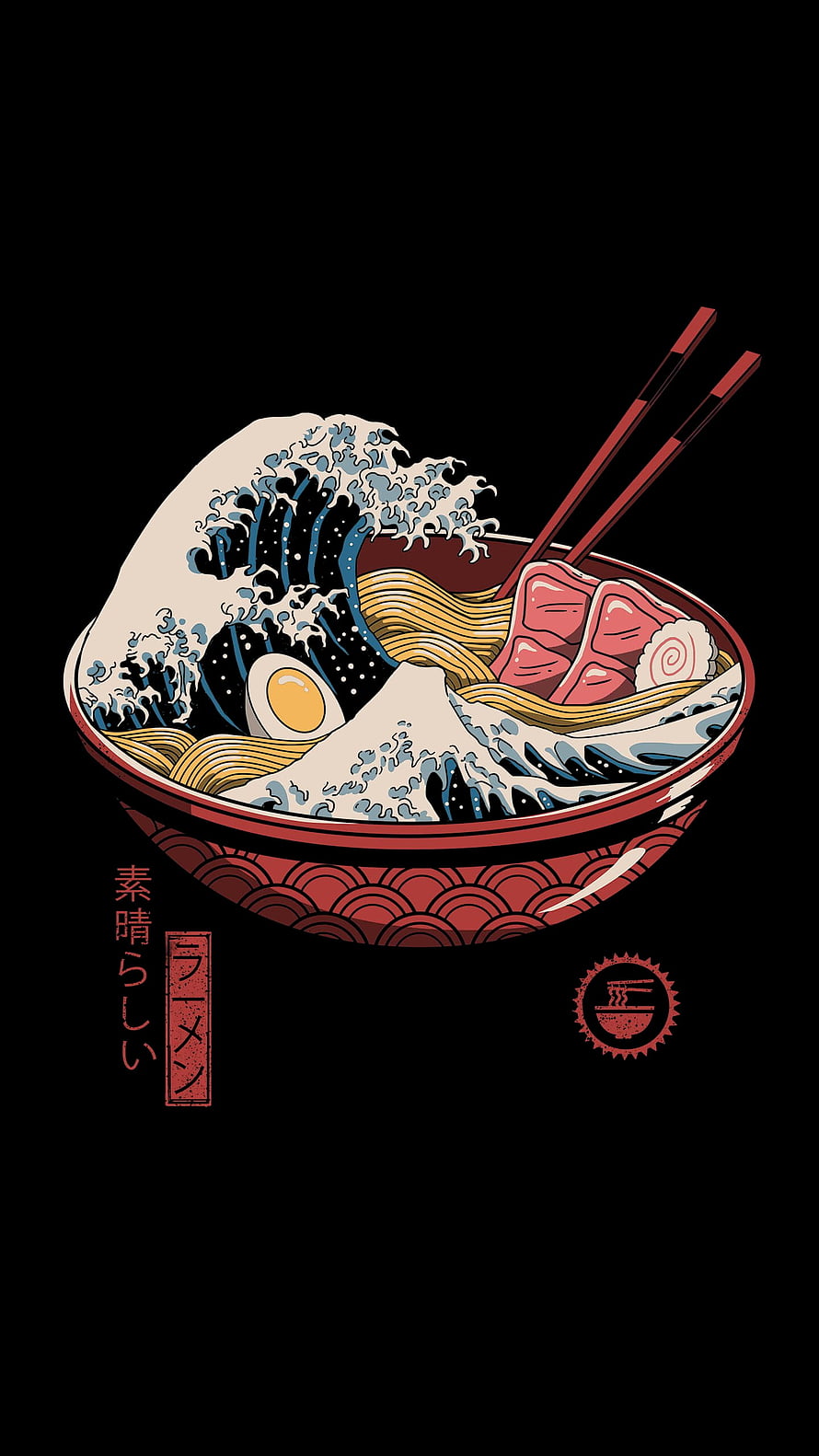 Ukiyo-e Style Ramen Bowl with Great Wave and Chopsticks on Black Background HD phone wallpaper