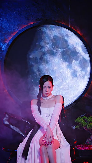 Jisoo from BLACKPINK in White Dress Seated Before Giant Moon with Neon Lighting HD phone wallpaper