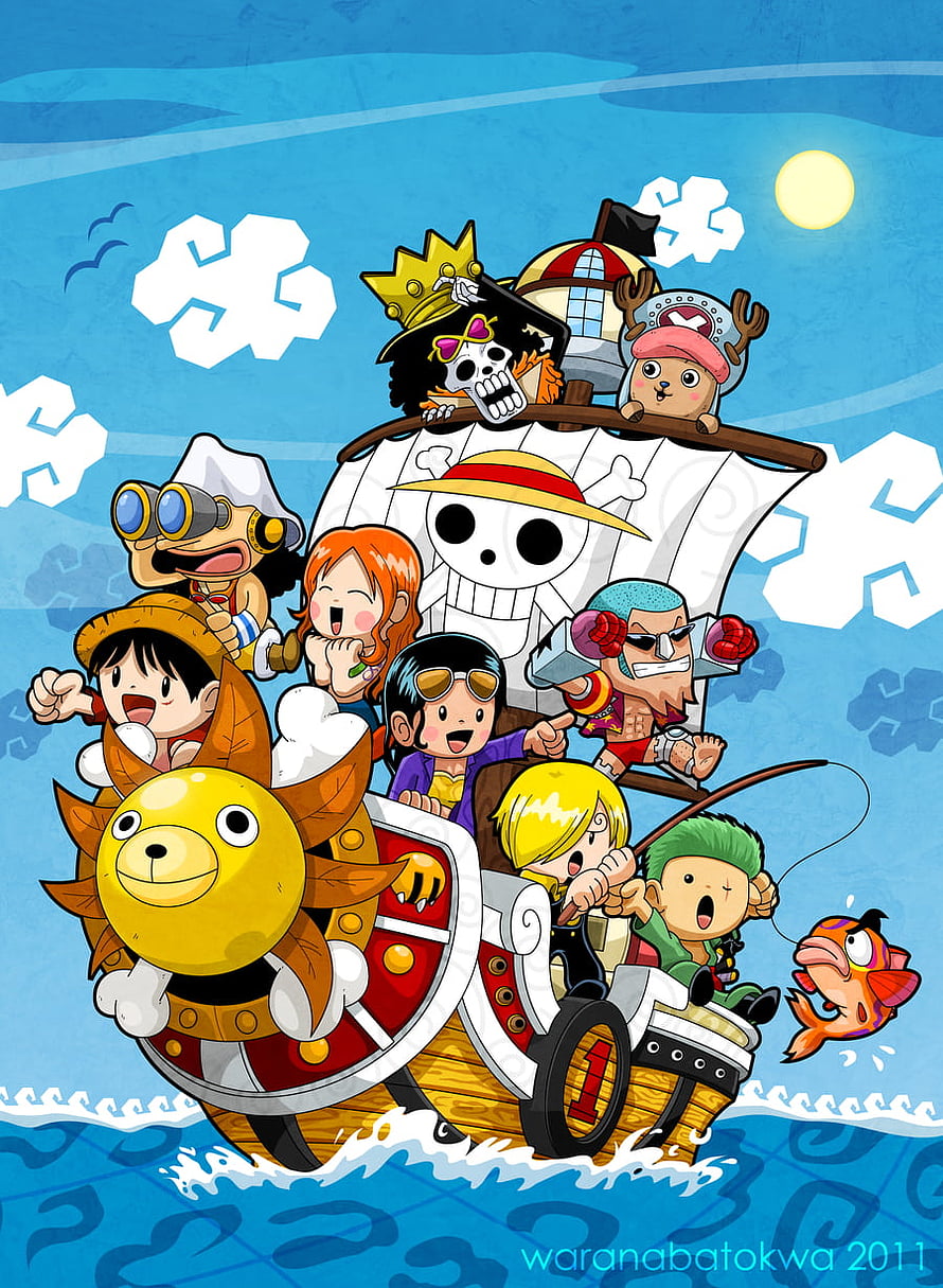 One Piece Chibi Style Straw Hat Crew Aboard the Thousand Sunny Ship HD phone wallpaper