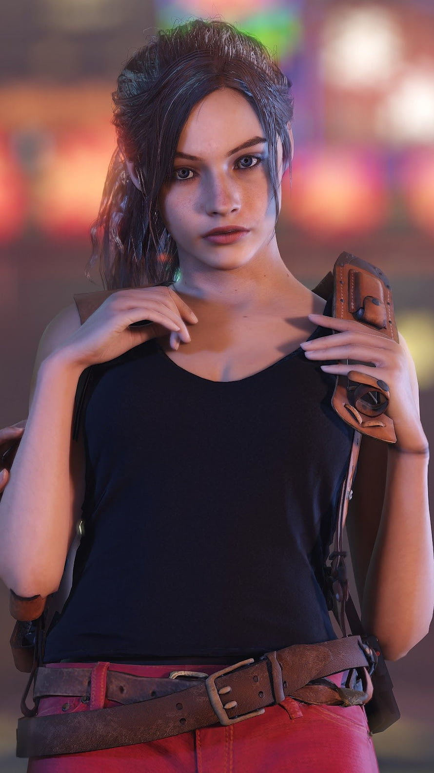 Claire Redfield from Resident Evil 2 in a black tank top and red pants with leather gear HD phone wallpaper