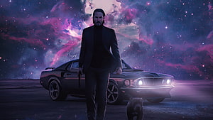 John Wick standing before a classic muscle car with a dog under a vibrant cosmic nebula sky HD wallpaper
