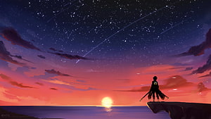 Attack on Titan Character Silhouette Watching Sunset Over Ocean with Starry Sky HD wallpaper