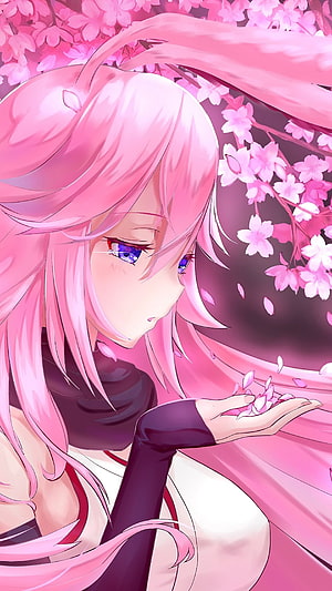 Pink-Haired Anime Girl Holding Cherry Blossom Petals in a Dreamy Sakura Scene HD phone wallpaper