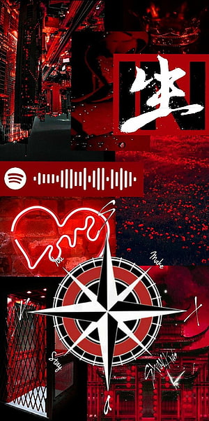 Stray Kids Red Aesthetic Collage with Compass, Neon Heart, and Calligraphy HD phone wallpaper