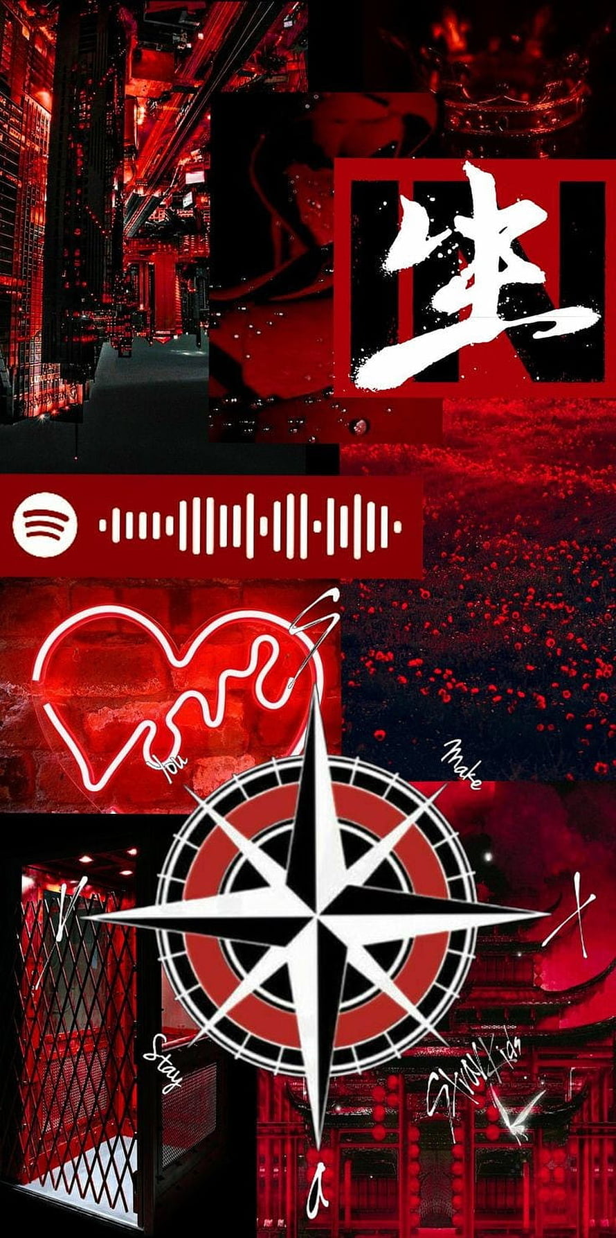Stray Kids Red Aesthetic Collage with Compass, Neon Heart, and Calligraphy HD phone wallpaper