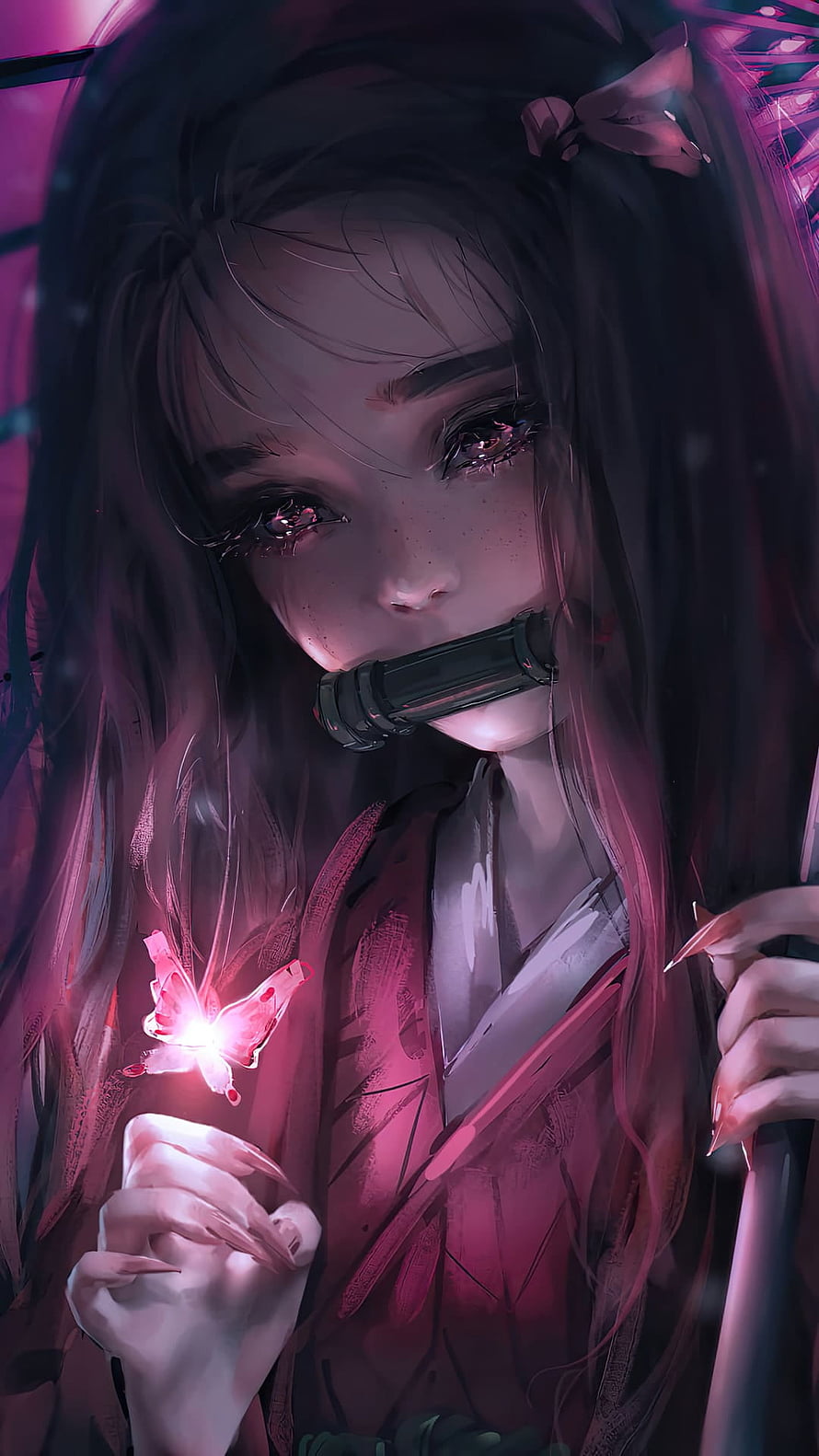 Nezuko Kamado from Demon Slayer with glowing butterfly and dark fantasy aesthetic HD phone wallpaper