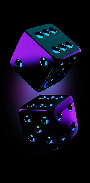 Glowing Neon Dice with Purple and Blue Lighting on Black Background HD phone wallpaper