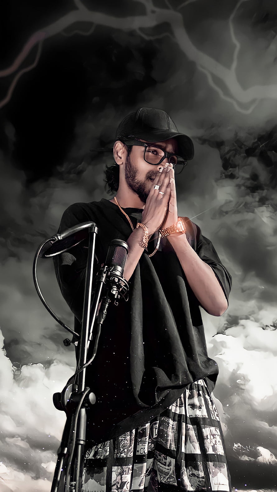 Emiway Bantai performing at a hip hop concert with dramatic storm clouds and lightning HD phone wallpaper