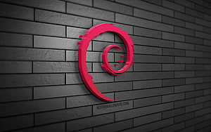 Debian 3D Logo on Dark Gray Brick Wall with Red Spiral Design HD wallpaper