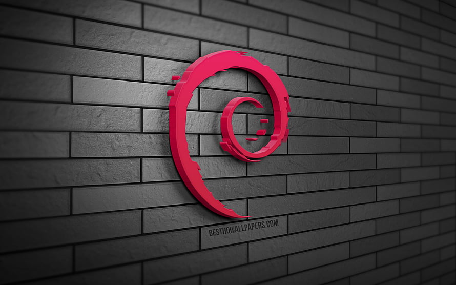 Debian 3D Logo on Dark Gray Brick Wall with Red Spiral Design HD wallpaper