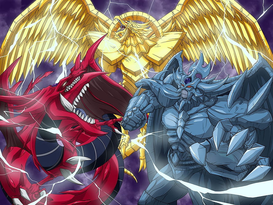 Yu-Gi-Oh! Egyptian Gods and Slifer the Sky Dragon Confrontation Artwork HD wallpaper