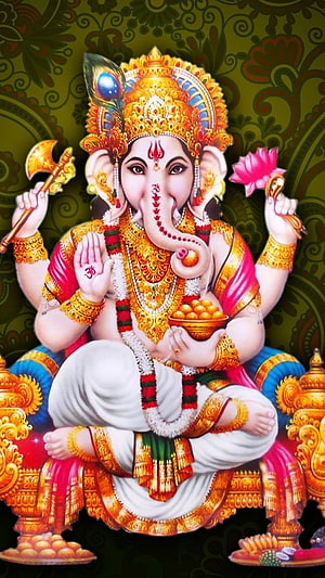 Lord Ganesha Seated on Ornate Throne Holding Lotus and Axe with Gold Jewelry HD phone wallpaper