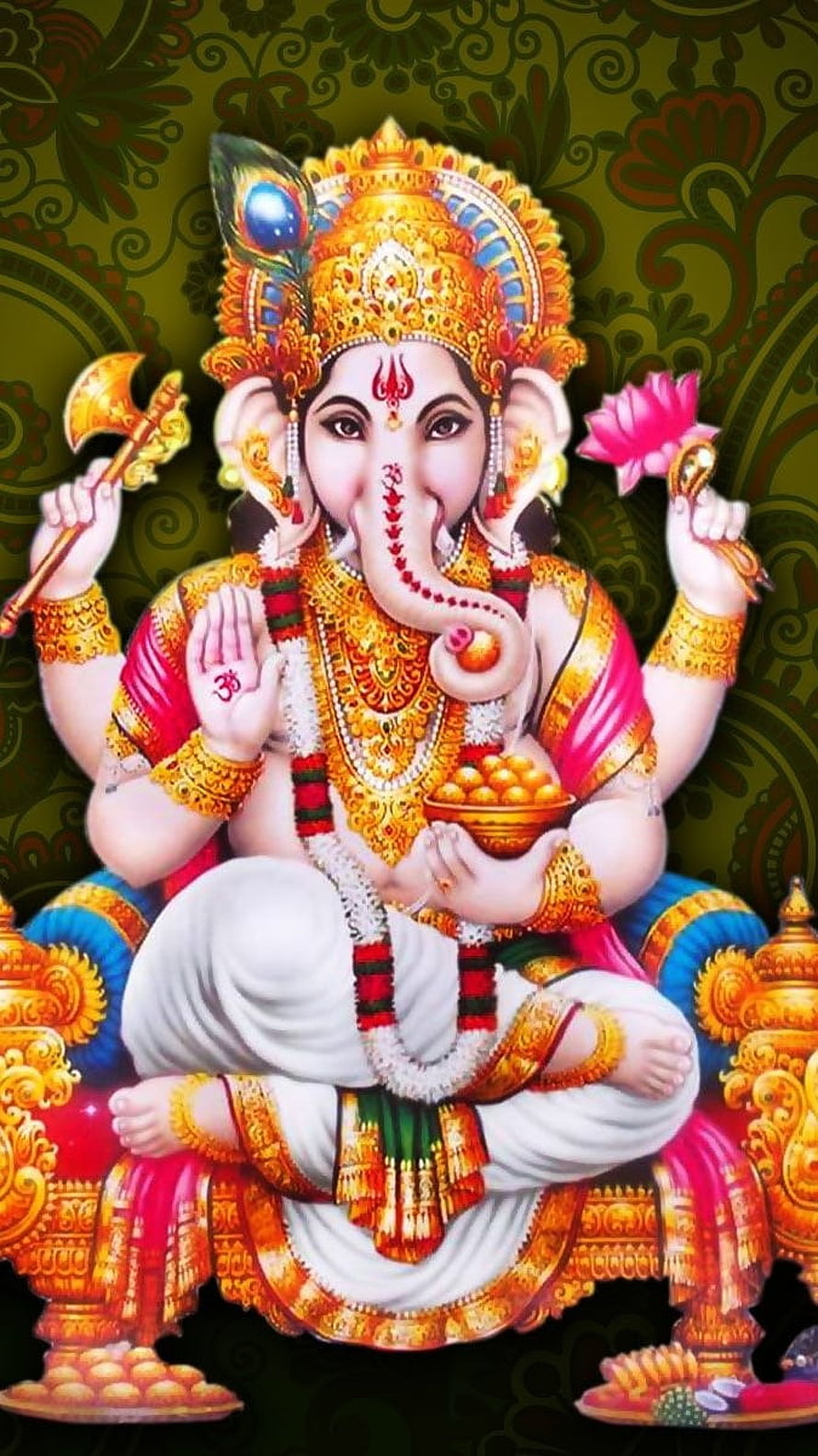 Lord Ganesha Seated on Ornate Throne Holding Lotus and Axe with Gold Jewelry HD phone wallpaper