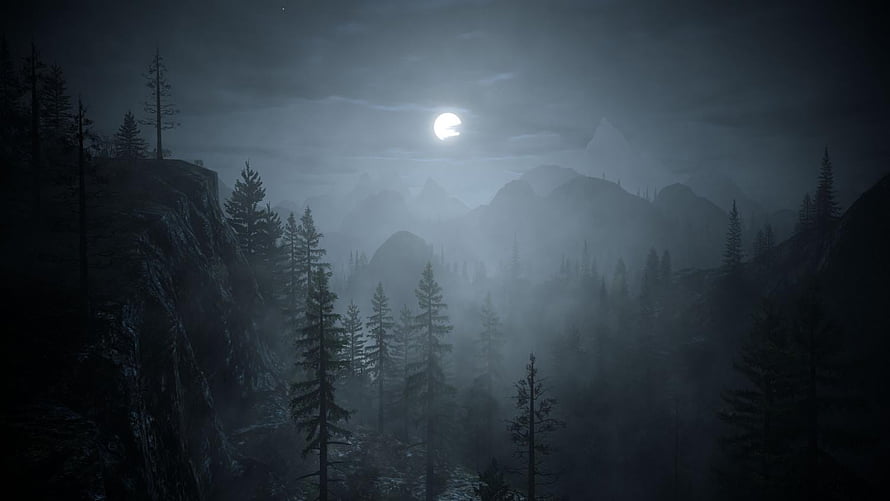 Eerie Moonlit Night Over a Misty Pine Forest and Distant Mountain Ranges HD wallpaper
