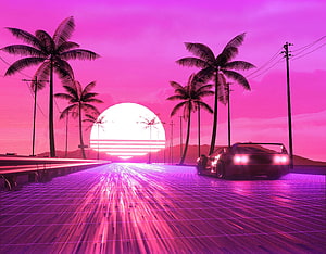 Retro Wave Sunset Scene With Neon Grid Road, Palm Trees, and Classic Sports Car HD wallpaper